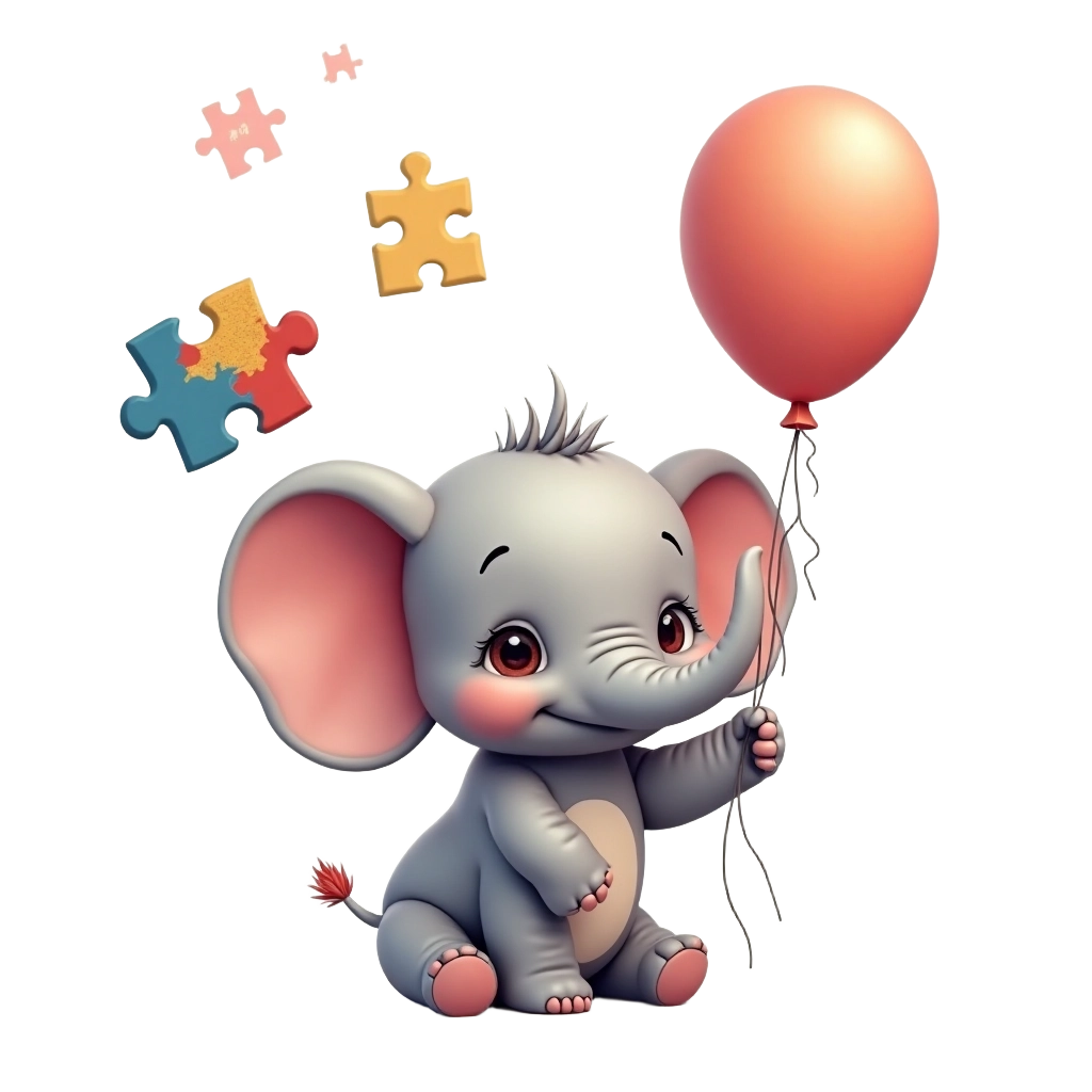 Cute Elephant with Balloon and Puzzle Pieces